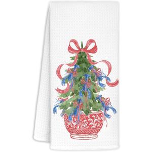 Christmas Chinoiserie Kitchen Towels Decor,Red Bow Christmas Tree Towels Gifts,Blue Lobster Christmas Hand Towels for Bathroom Kitchen,Grandmillennial Decor,16x24 Inches