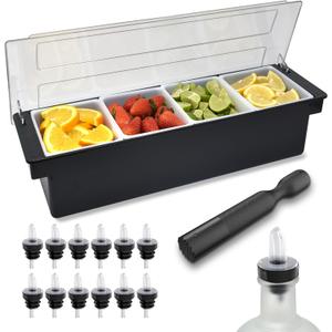Esatto Bar Supplies Condiment containers with lids 4-1.5 Pint Bar Cart Accessories Bartender Fruit Tray Condiment Caddy Bar Tray Pizza Topping Station with 12 Pourers 12 Pourer Covers and 1 Muddler, 4 Compartments