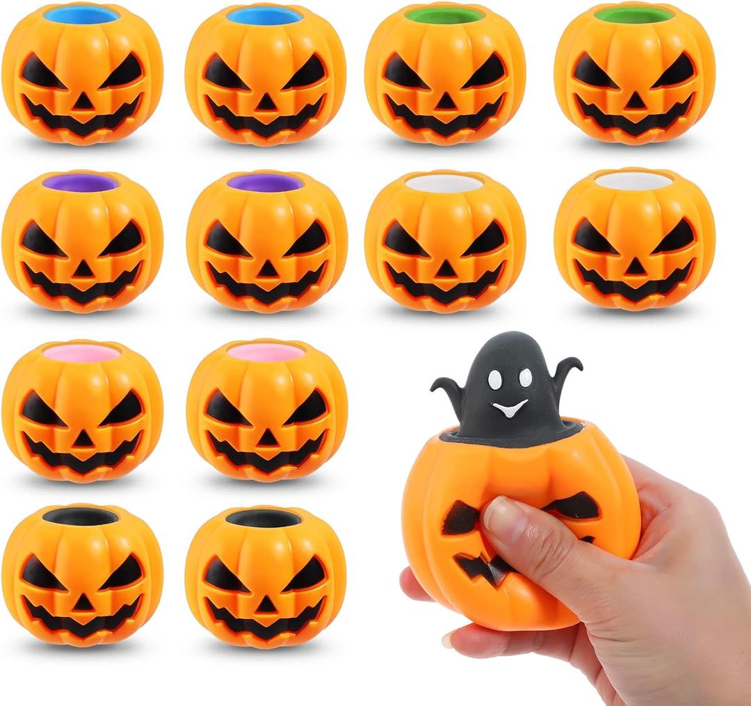 BILLMOSS Halloween Pumpkin Squishy Toys - 12PCS 6 Colors Stress Relief Ghost Toy for Trick or Treat Party Suppliers Party Favors Halloween Goodie Bag Fillers for Kids Adults