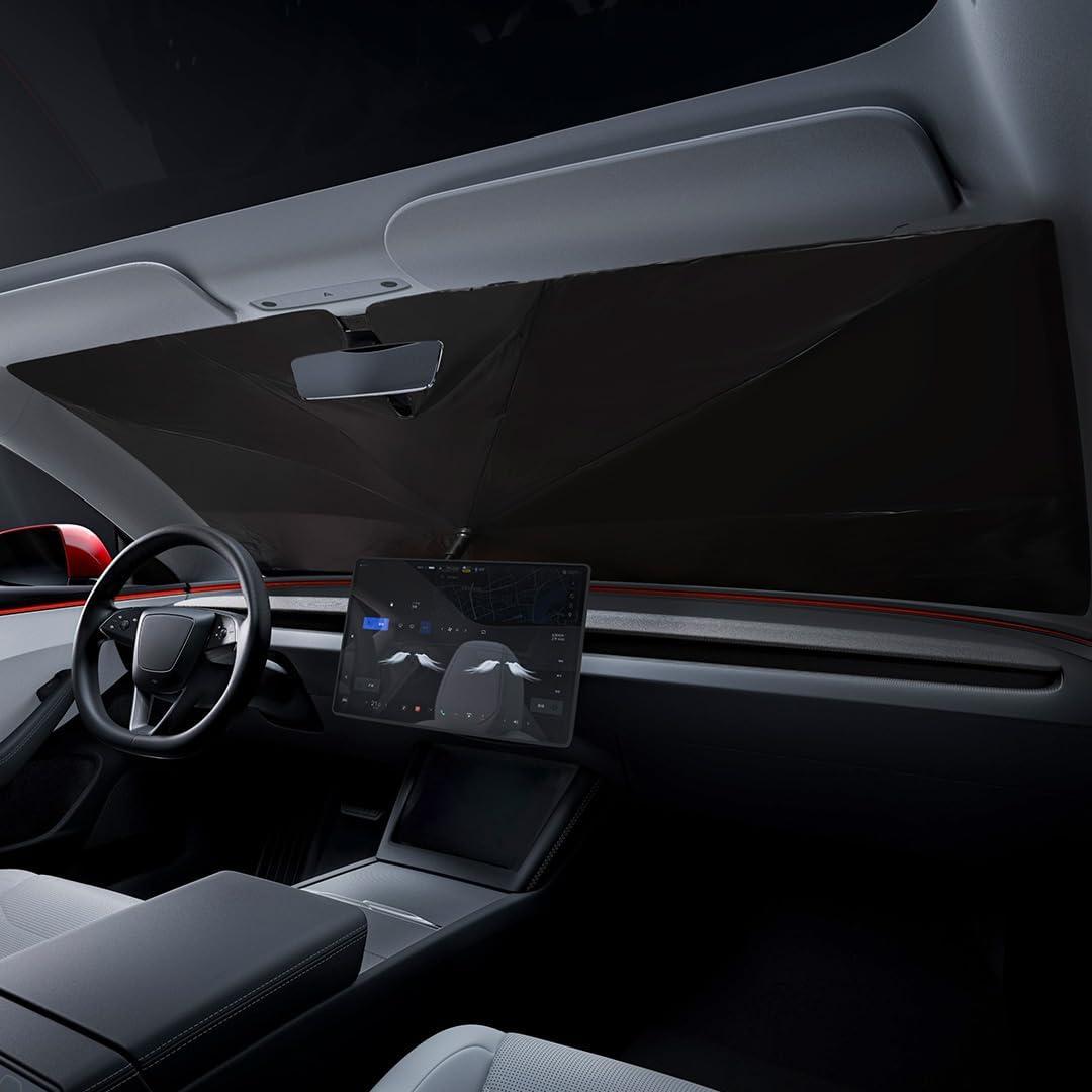 VION Model 3 Front Windshield Sunshade - Umbrella Style Design, Easy Installation, Complete Blackout - Fits All Model 3