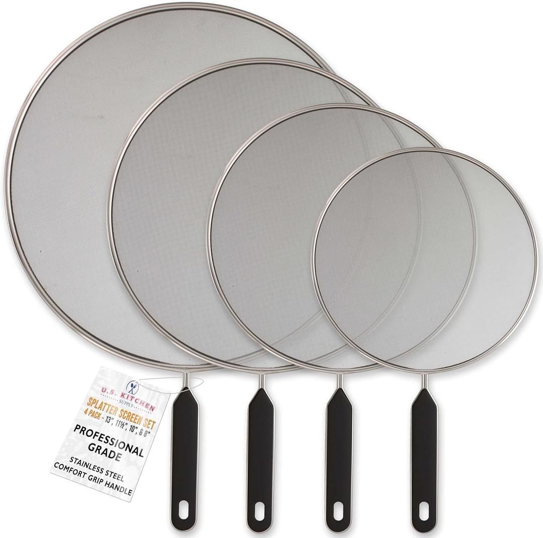 U.S. Kitchen Supply 4-Piece Stainless Steel Splatter Guard Set (13", 11.5", 10",8) Fine Mesh Cover, Grease & Oil, Splatter Screen for Frying Pan, Cooking Pots, with Comfort Grip Handles