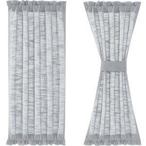 FMFUNCTEX Grey French Door Curtains for Sliding Glass 40 Inches Long Half Privacy Semi Sheer Linen Texture Window Panels Front Back Tiebacks Attached 1 Panel