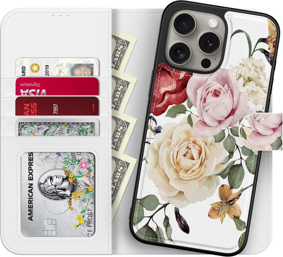 for iPhone 14 Pro Max Wallet Case,Detachable Flip Folio Cover RFID Blocking 4 Card Slots Holder Premium PU Leather Magnetic Kickstand Phone Case for iPhone 14 Pro Max 6.7" Colorful Flowers