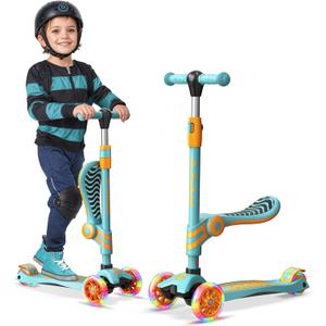 Aqua Orange 3 Wheel Scooter with Seat for Kids, Light-Up Wheels, Adjustable Lean to Steer Handlebar and Seat, Smooth Wheels, Wide No-Slip Deck, Rear Foot Brake, Toddler Outdoor Toys for Ages 2+