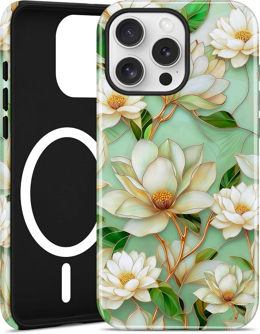 Jusy Compatible with MagSafe White Flower Case for iPhone XR, Aesthetic Stained Glass Floral Magnetic Phone Case, Soft TPU and Hard PC Protective Cover for Women Girls (Shiny) - White Flower