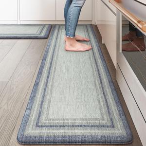 KIMODE Anti Fatigue Kitchen Mat 2PCS,Non-Skid Waterproof Kitchen Rugs, Farmhouse Kitchen Mat for Floor, Cushioned Comfort Foam Standing Mat for Floor, Office, Sink, Desk, Laundry, Blue and Gray (17.3" x 59 "+ 17.3" x 29 "--0.47 inches)