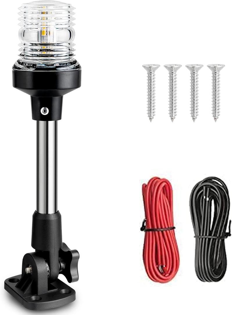 Young Marine Boat Anchor Light 3-Nautical Mile White LED Fold Down Stern Light for Pontoon and Fishing Boat All Round 360 White LED 12-24V (9" Foldable)