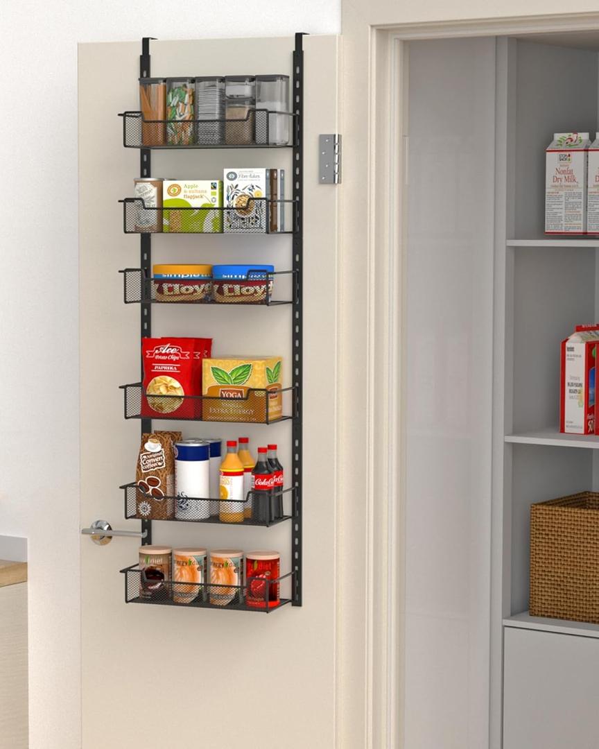 12.3" W Narrow Over the Door Pantry Organizer, 6-Tier Over the Door Organizer with Adjustable Basket, Pantry Door Organization for Pantry Kitchen Storage Room Spice Rack, Black