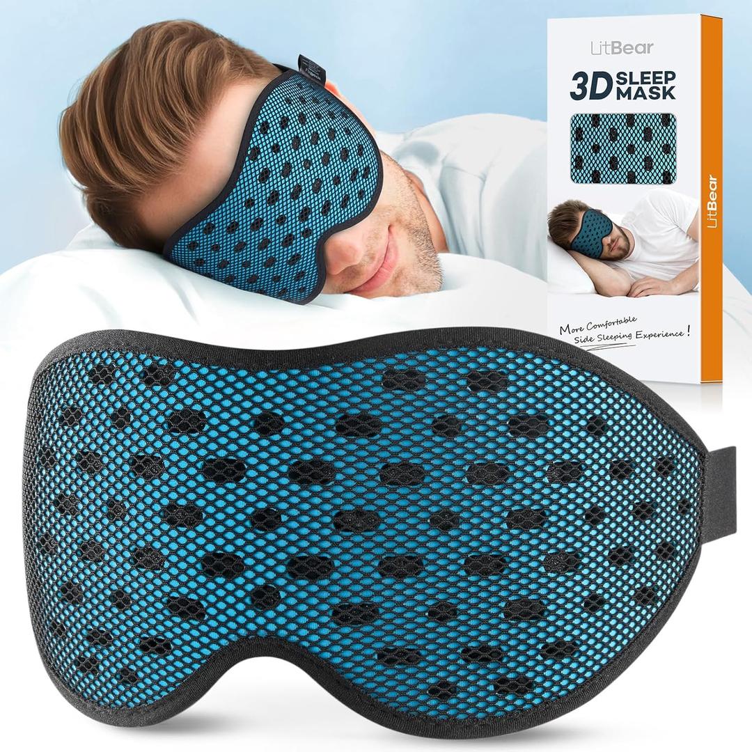 LitBear Breathable Sleep Mask, 3D Eye Mask Sleep for Side Sleepers Women Men, Light Blocking Sleeping Mask with Adjustable Strap, Soft Lightweight Eye Cover for Travel, Night Work, Nap, Office - Blue