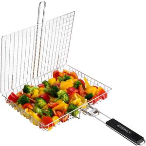 Portable Grill Basket, EISINLY BBQ Grilling Basket for Outdoor Grill with Removable Handle, Stainless Steel Camping Cooking Grill Accessories for Chicken Fish Vegetable