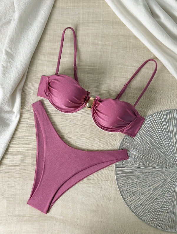 Swim Basics Solid Color Spaghetti Strap Underwire Top And Triangle Bottoms Ladies Summer Swimwear Set Pink Winter L