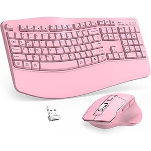 Ergonomic Keyboard and Mouse Combo - Full Size Keyboard Cordless with Palm Wrist Rest Ergonomic Mouse Wireless for Windows Computers Laptops - Pink (Upgrade)