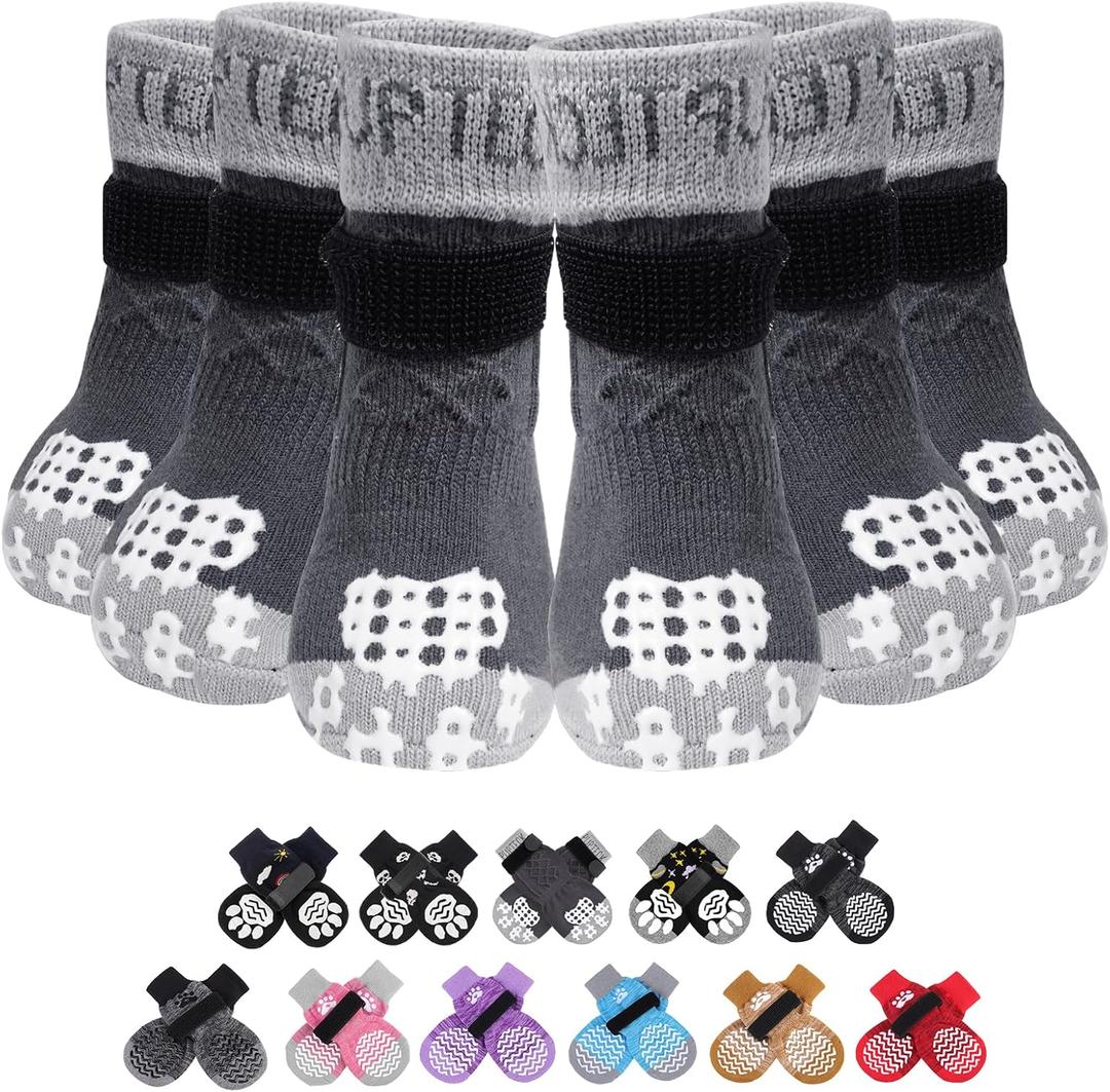 PUPTECK Non-Slip Dog Socks, Double Sides Grips Dog Boots & Paw Protectors for Hardwood Floors Prevents Licking Paws, Adjustable Dog Shoes for Senior Medium Dogs (Medium (6 Count), Grey(Cable Knit))