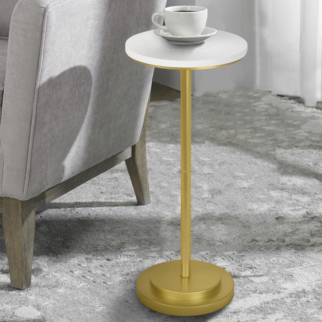 COVLON Drink Table, Carved Table Top Small Pdestal Martini SideTable for Living Room, Bedroom, Modern, Weighted Base, White and Gold