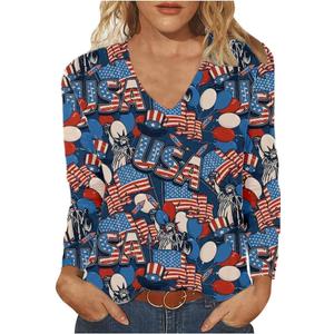 American Flag Shirts Women Veterans Day USA T Shirt Long Sleeve Patriotic Proud Memorial Christmas V Neck Tops (M)