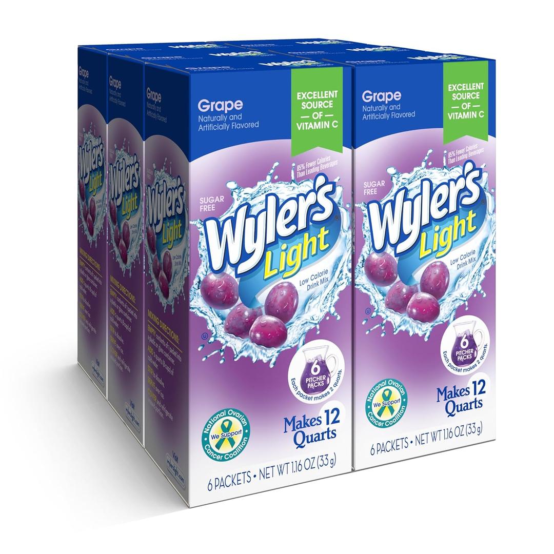 Wyler's Light Pitcher Packs, Water Drink Mix, Grape, 6 Boxes (36 Pitcher Packets) Best By: Feb 2028