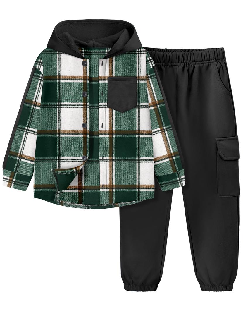ADIRUN Toddler Boys Clothes 3t 4t Toddler Boy Outfit Plaid Button Down Long Sleeve Hooded Shirt Tops Pants Little Boys Clothes with Pockets Sweatsuit 2Pcs Fall Winter Outfits Green White, 3-4Y