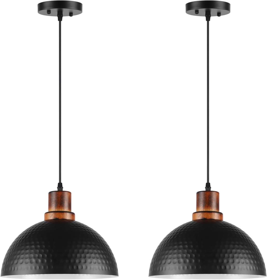 Black and Wood Pendant Lights 2 Pack, 11.8" Hammered Metal Dome Pendant Light Fixture Modern Black Pendant Lighting Hanging Ceiling Light for Kitchen Island Dining Living Room Restaurant