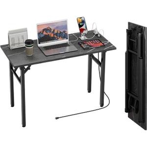 TEMI Small Computer Desk Folding Table - No Assembly, Compact 43.3" Foldable Desk with Power Outlets & USB Charging Port, Portable Small Office Desk, Ideal Mini Study Table, Marble Greige