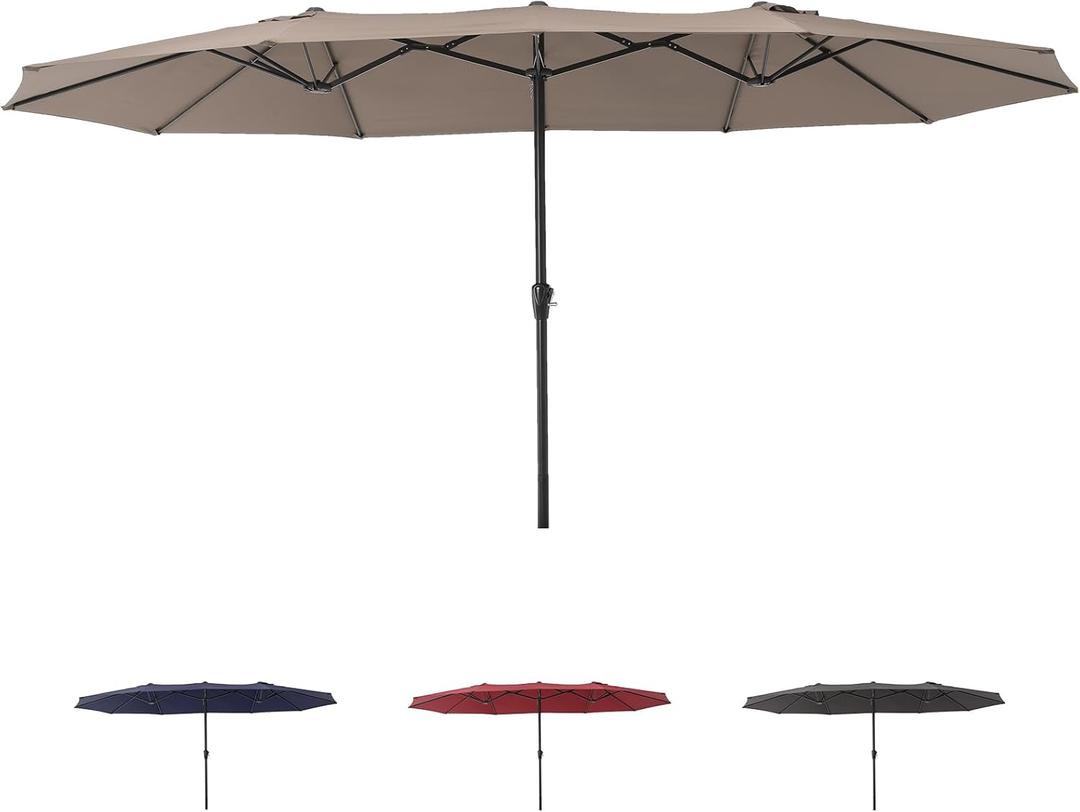 15FT Large Patio Umbrella with Crank Handle,Double-Sided Rectangular Outdoor Umbrella for Pool, Garden, Deck, Lawn & Market (Claret Red) (Beige)