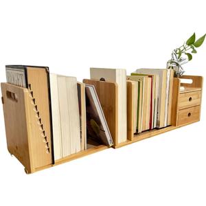 Desktop Bookshelf Expandable with Two Drawer Organizers Made of Bamboo, Collapsible Design & Compartments for Efficient, Clutter-Free Workspace Organization - Sleek Bookshelf, 19.69 x 6.5 x 7.87 inches
