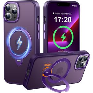 360 Spin Magnetic Stander for iPhone 13 pro Case [Compatible with Magnetic] [Built-in Kickstand] Mil-Grade Protective, Matte Non-Slip for iPhone 13 pro Phone Case(Purple)