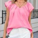Tankaneo Womens Cap Ruffle Sleeve Tops V Neck Pleated Cotton Blouses | Loose Fit, Summer Dressy Casual, Cotton Shirts (Pink, L)