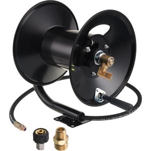 M MINGLE High Pressure Washer Hose Reel 150ft, Heavy Duty Steel Hose Reel, Manual Crank Power Washer Hose Reel with 3/8" Pressure Wash Whip Hose, Swivel Arm and Mounting Bracket, 4000 PSI