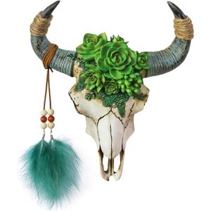 alikiki Bull Skull Head Wall Decor - Succulent Flowers Resin Cow Horn Southwestern Wall Hanging 3D Animal Sculpture Crafts Western Boho Decor for Bedroom Living Room