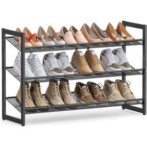 SONGMICS Shoe Rack, 3-Tier Shoe Organizer, Metal Shoe Storage for Garage, Stackable Shoe Shelf, with Adjustable Flat or Angled Shelves, 9-12 Pairs, Ink Black ULMR03B