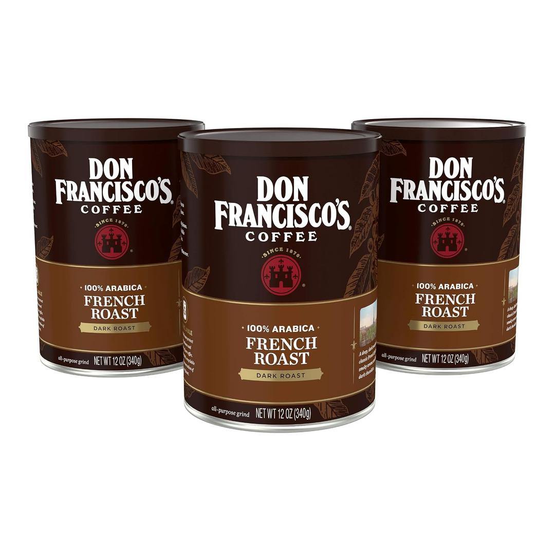 Don Francisco's French Dark Roast Ground Coffee: Rich, Smoky 100% Arabica Beans with Chocolate Notes - Premium Morning Brew (3 x 12 oz Recyclable Cans) (EXP 07/15/26)