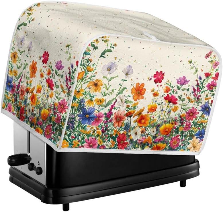 Colorful Flower Bushes Toaster Cover 2|4 Slice, Cartoon Daisy Dahlia Kitchen Small Appliance Cover Watercolor Pastoral Style Dust and Fingerprint Protection, Machine Washable -S