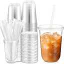 Ziliny 50 Sets Clear Plastic Cups with Lids and Straws, Disposable Iced Coffee Cups Drinking PET for Cold Drinks, Juice, Smoothie, Coffee Shops, Party, Christmas (16oz, Clear)