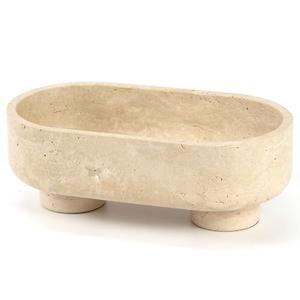 LIN CHUAN Natural Oval Travertine Stone Fruit Bowl for Kitchen Counter | Two-Legged Decorative Pedestal Bowl for Dining Table Decor, 10" Luxury Entryway Catchall Purse Bowl - Travertine