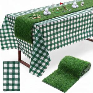 Moukeren 2 Pcs Golf Party Table Decorations 54 x 108 Inch Green and White Checkered Tablecloth 13 x 72 Inch Artificial Grass Table Runner for Golf Lovers Dining Centerpiece Party Supplies Decoration