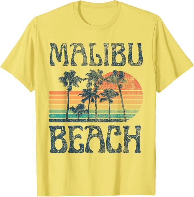 Malibu California Beach Summer Vacation Vintage T-Shirt, Yellow Ladies, S