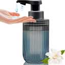 Automatic Touchless Glass Soap Dispenser, Rechargeable Hands Free Ribbed Liquid Soap Dispenser with Chrome-Finished Electric Sensor Pump, Refillable Bottle for Bathroom Kitchen Countertop Gray
