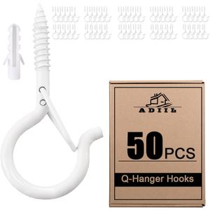 ADIIL 50 PCS Q Hanger Hooks with Safety Buckle, Windproof Screw Hooks for Hanging Outdoor String Lights, Plants, Christmas Patio Lights, 2.2 Inches, White