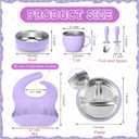 Nuogo 6 Pcs 304 Stainless Steel Kids Plates and Bowls Set Stainless Steel Suction Bowls and Toddler Cup with Removable Silicone, Forks Spoons Pocket Bib for Baby Toddle (Purple,Round)