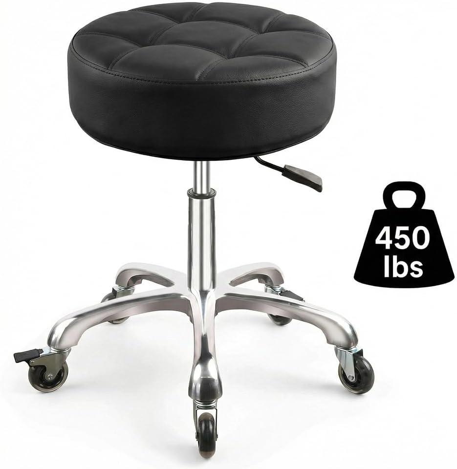 Rolling Stool with Wheels, 12cm/4.7" Ultra Thick Cushion, Adjustable Height 19.8-25 Inch, 360° Swivel Heavy Duty Stool, 450lbs Capacity PU Leather Seat for Massage Salon Tattoo Medical Spa, Black, Ultra-large