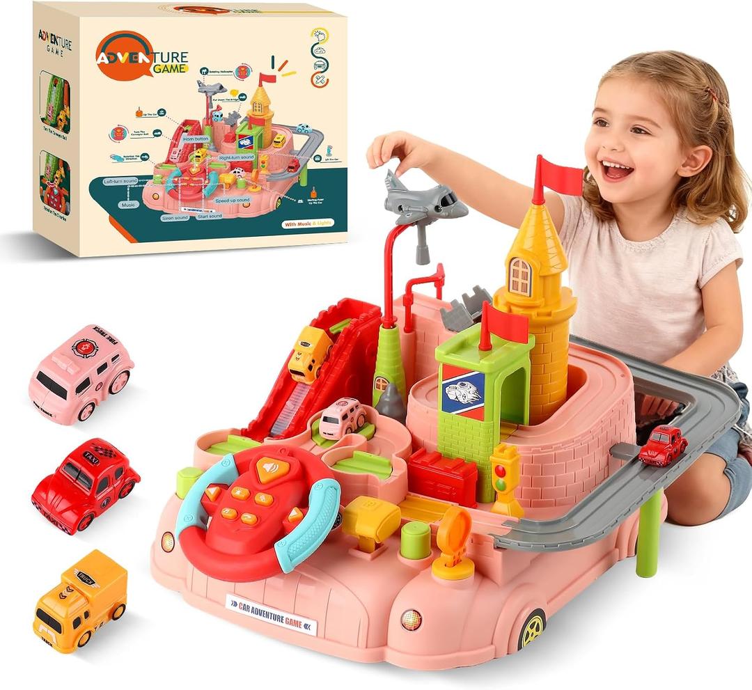 2026 Upgraded Car Adventure Toy for 3 4 5 6 Year Old Boys Girls, Race Track Toy with Steering Wheel & Sound, Montessori STEM Toys for Toddlers, Fine Motor Skills Birthday Gift for 3-5 Year Old Kids, 10 X 10.8 X 7.1 Inches