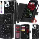 Varikke for iPhone 15 Plus Wallet Case Detachable with Card Holder for Women, Fashion Glitter PU Leather Strap Strong Magnetic Flip Wallet Removable Phone Case Cover for iPhone 15 Plus 6.7", Black