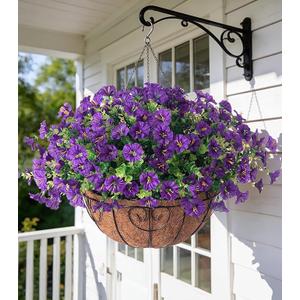 Artificial Fake Hanging Plants Flowers Basket for Outdoors Spring Summer Decoration, Silk Purple Morning Glory Eucalyptus UV Sun Resistant Realistic Faux Flowers for Outside Porch Patio Balcony Home