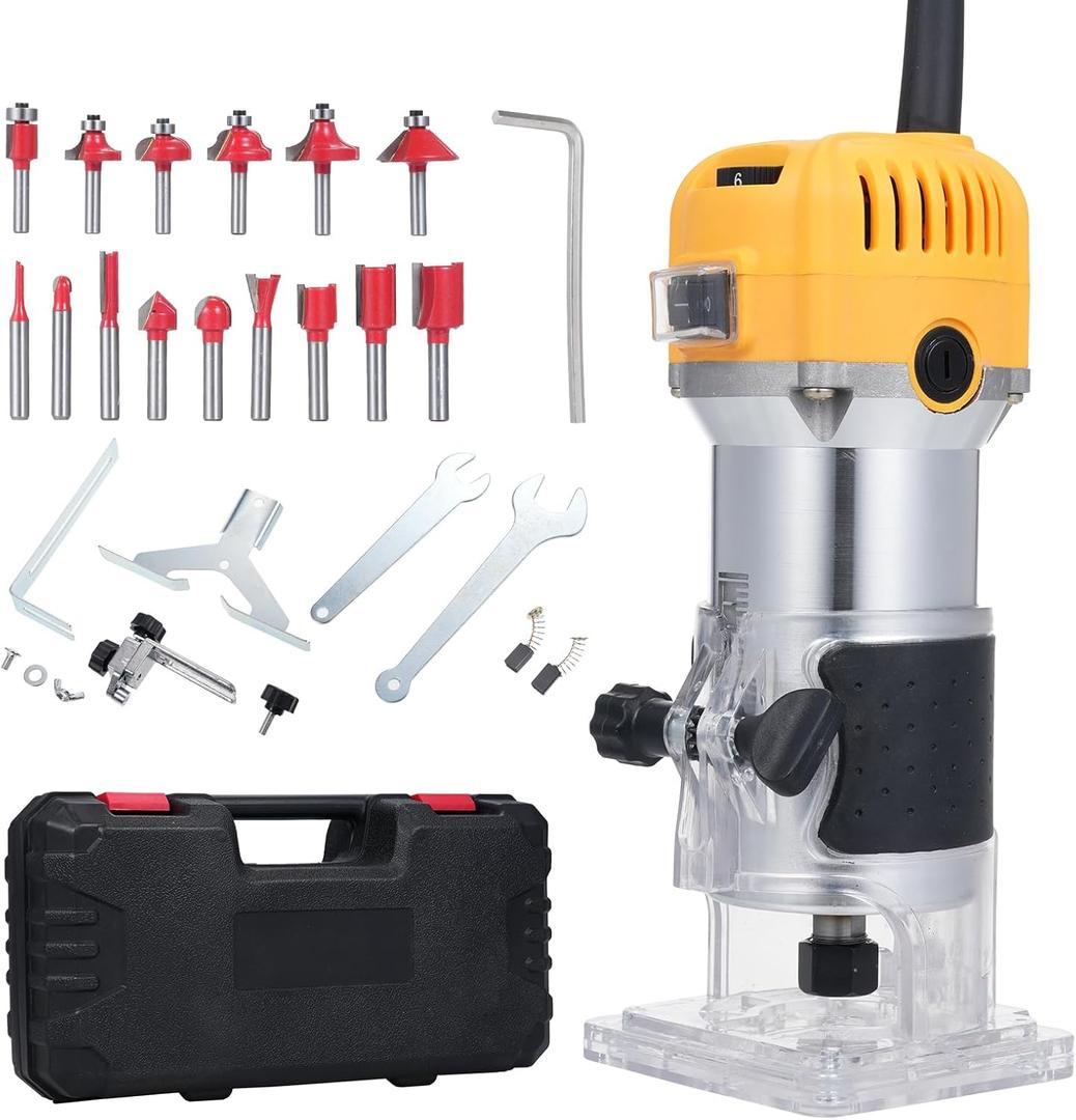 Wood Router 800W Wood Trimmer 30000r/min 6 Variable Speed with 15pcs Milling Cutter Accurate Cutting for Woodworking Trimming Cabinet Processing, Handicraft Making DIY