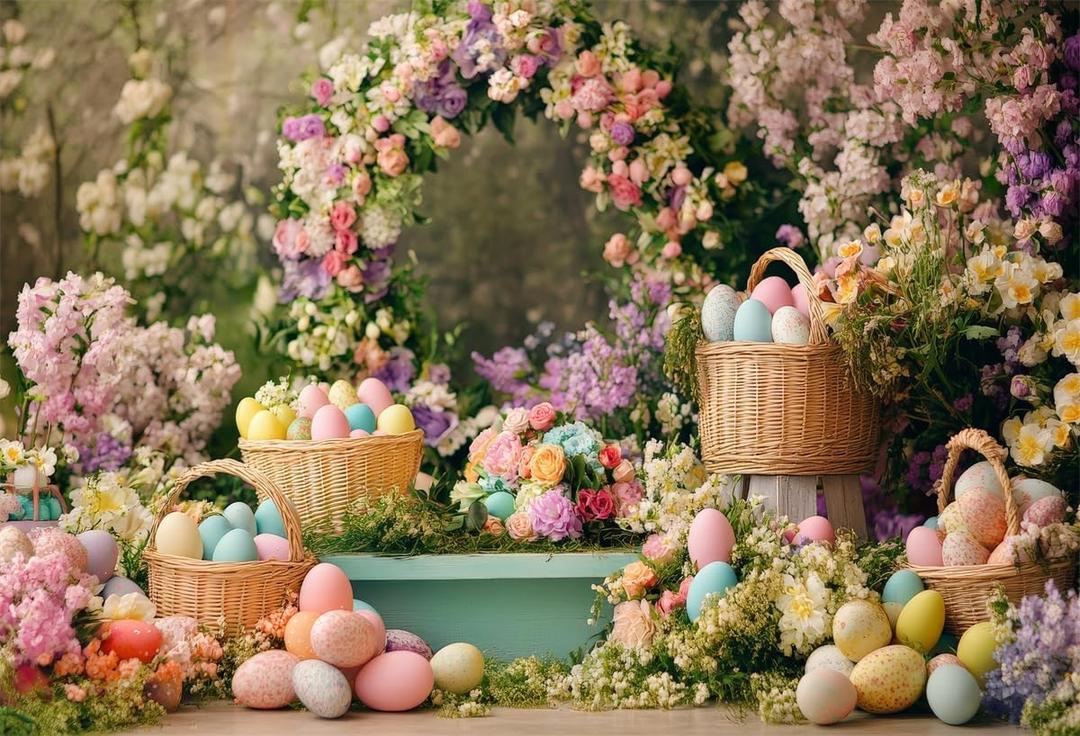 7x5ft Easter Backdrop Colorful Eggs Flowes Floral Background for Kids Newborns Birthday Parties Baby Showers Photo Booth Studio Props
