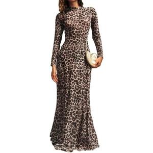 WDIRARA Women's Leopard Print Knitted Mesh Long Sleeve Fitted A-Line Maxi Dress, Size L