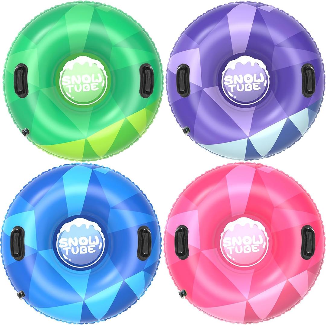 3Pack Snow Tubes, Snow Sled for Kids and Adults, Cold-Resistant Inflatable Snow Tube, Thickened Heavy Duty Sleds for Winter with Handles, Snow Toys, Snow Sleds for Family Activities Outdoor Fun (Green, Pink, Blue, Violet)