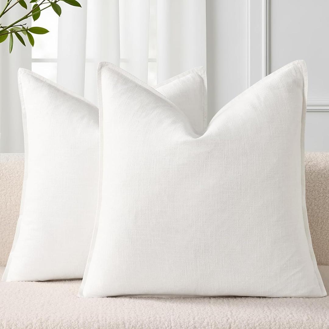 decorUhome Summer Decorative Linen Throw Pillow Covers 20x20 Inch Set of 2 Cream White Pillow Covers with Flange Edges Soft Farmhouse Boho Accent Pillow Cases for Couch Bed Living Room