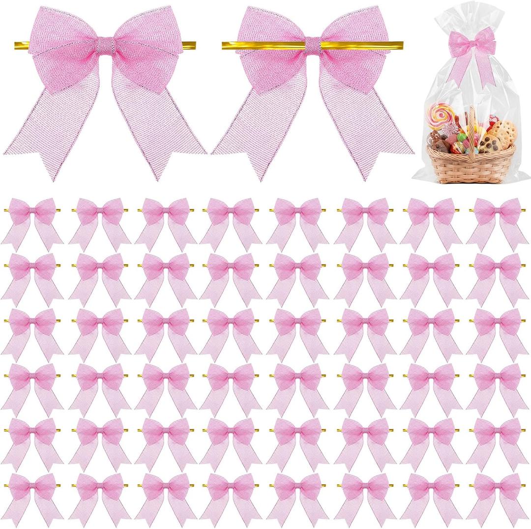 50 Pcs Valentine 3.3" Gift Bow Glitter Wrap Twist Tie, Metallic Fabric Premade Small Mini Ribbon Bow Bulk for Wedding Christmas Box Bag Package Party Treat Supplies DIY Craft Decor(Pink)
