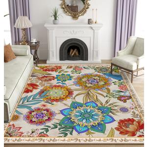 Boho Floral Area Rug for Living Room, Bedroom, Dining Room 5'x7' - Farmhouse Flower Carpet, Non-Slip, Machine Washable - Vintage Aesthetic Decor